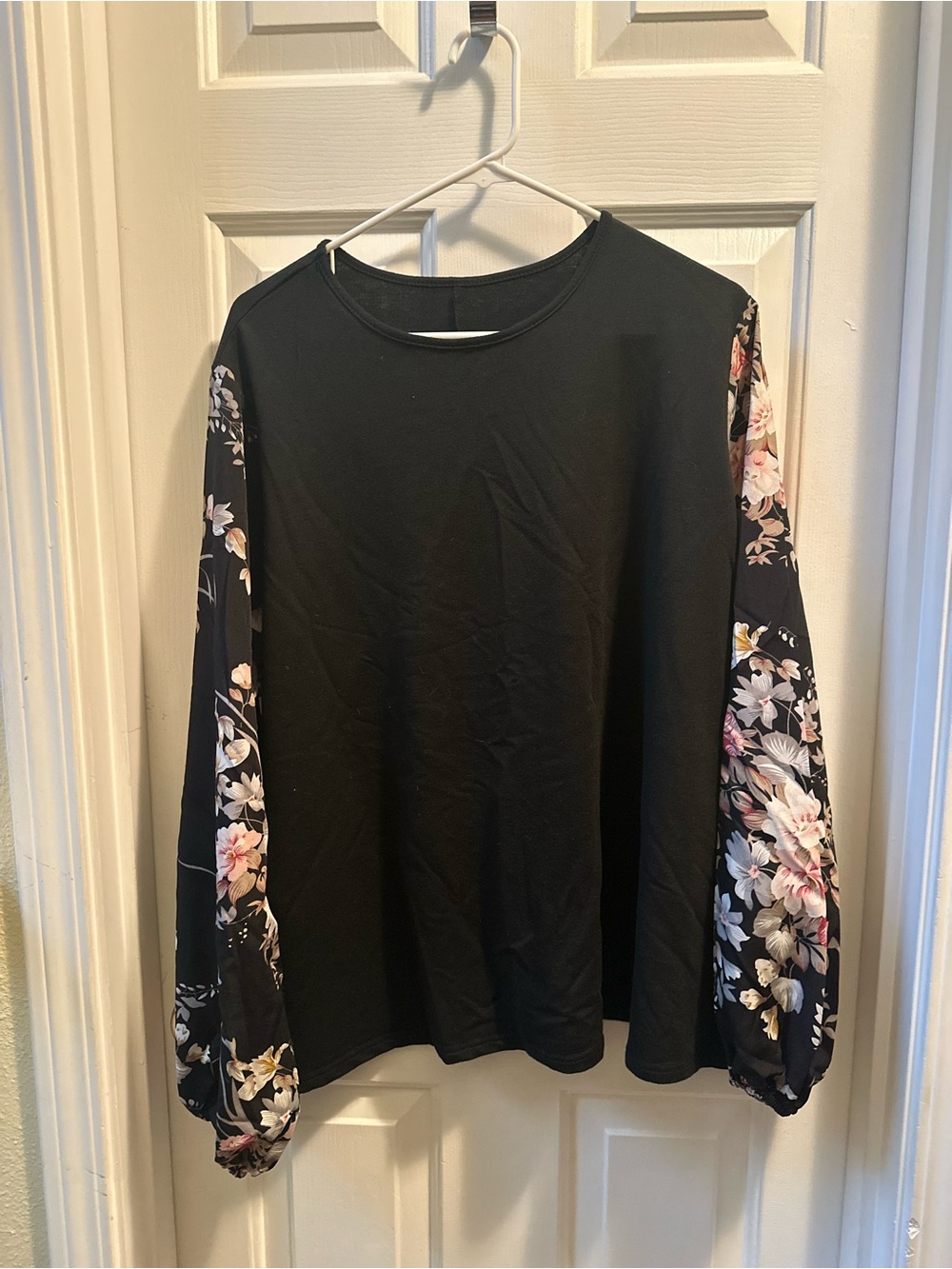 Black Top with Floral Balloon Sleeves - Women's Long Sleeve